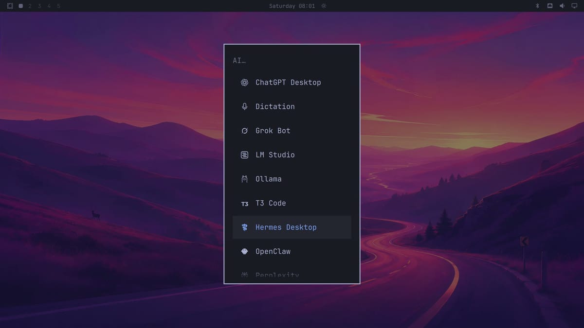 The Omarchy AI install list with ChatGPT Desktop and Dictation at the top, Hermes Desktop selected, and OpenClaw below it, over the Tokyo Night wallpaper