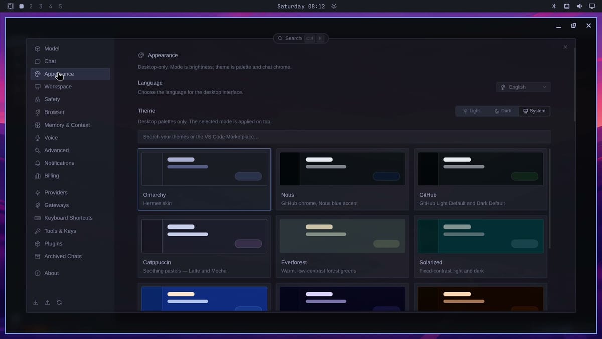 Hermes Settings on the Appearance page, with the Omarchy Hermes skin theme card selected next to Nous, GitHub, Catppuccin, Everforest, and Solarized