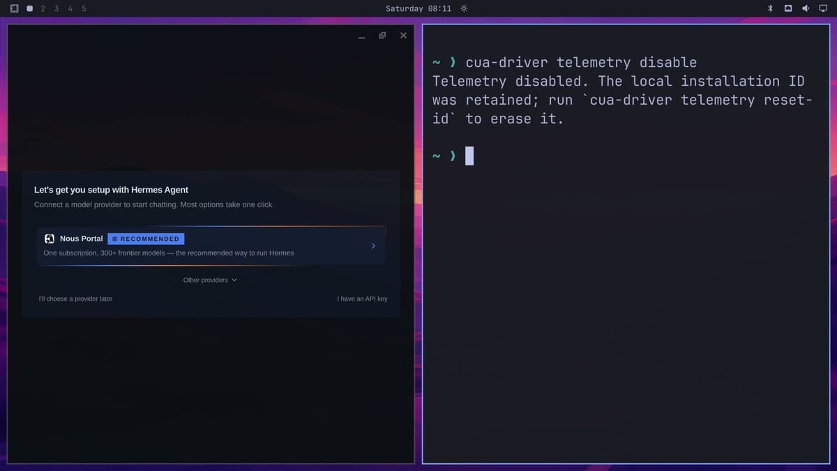 Hermes Desktop's first-run card on the left and a terminal on the right after cua-driver telemetry disable, reading Telemetry disabled. The local installation ID was retained