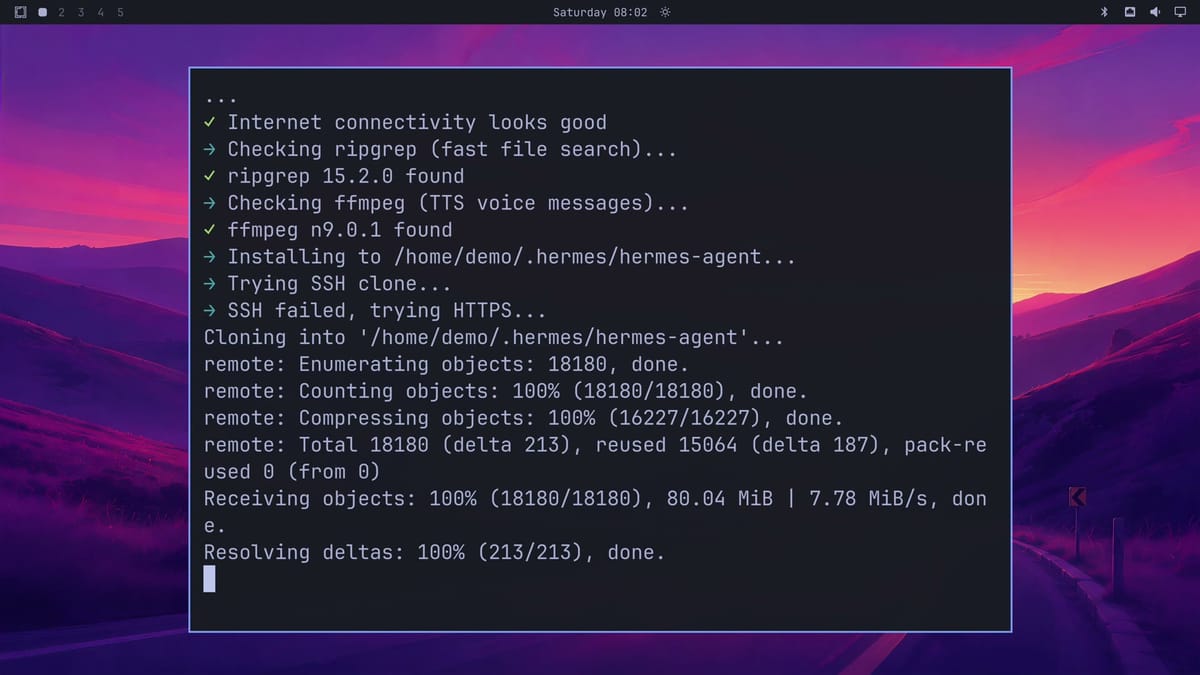 The floating install terminal after the first clone of the Hermes Agent repository into ~/.hermes/hermes-agent, with the line Receiving objects: 100%, 80.04 MiB at 7.78 MiB/s