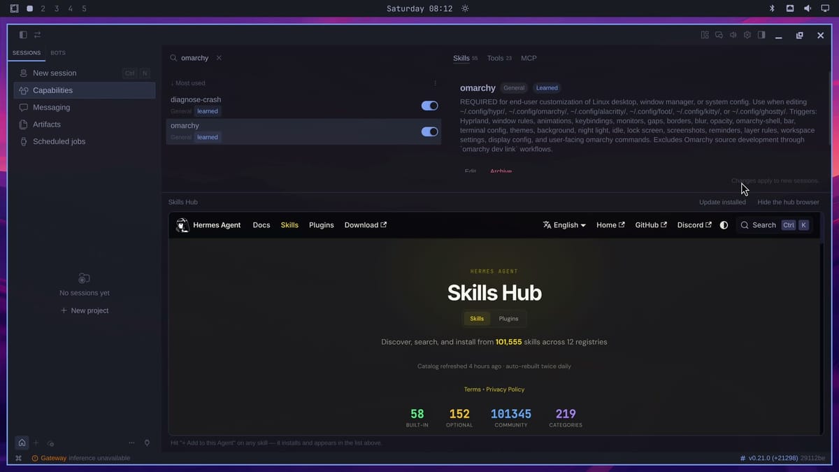 Hermes Capabilities with omarchy typed in the search, the omarchy skill switched on, and its description listing Hyprland, window rules, keybindings, monitors, bar, themes, background, and night light, above the Skills Hub