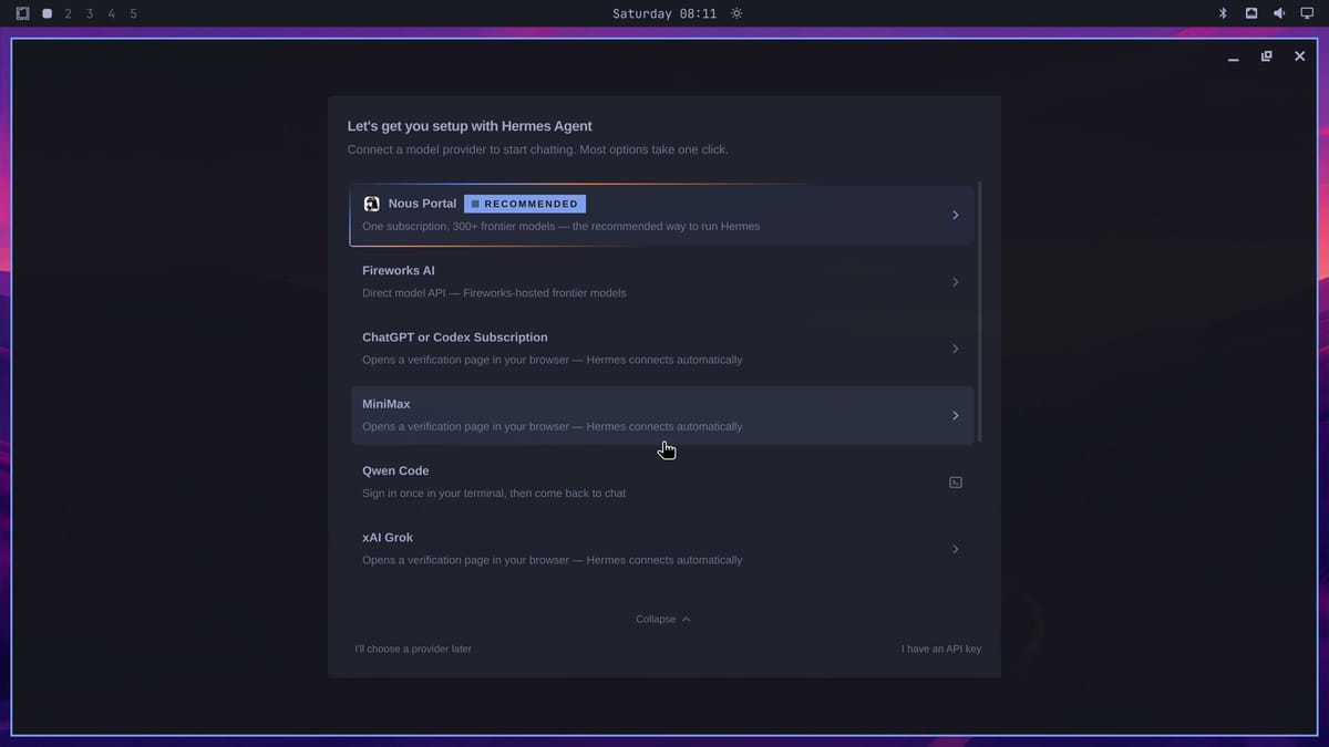 The Hermes onboarding card with Other providers expanded, listing Nous Portal marked Recommended, Fireworks AI, ChatGPT or Codex Subscription, MiniMax, Qwen Code, and xAI Grok, with I'll choose a provider later at the bottom left