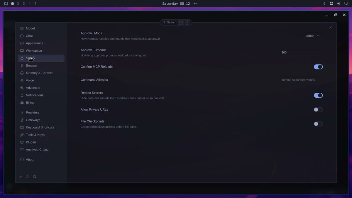 Hermes Settings on the Safety page, with Approval Mode set to Smart, Approval Timeout 300, Confirm MCP Reloads on, an empty Command Allowlist, Redact Secrets on, and Allow Private URLs and File Checkpoints off