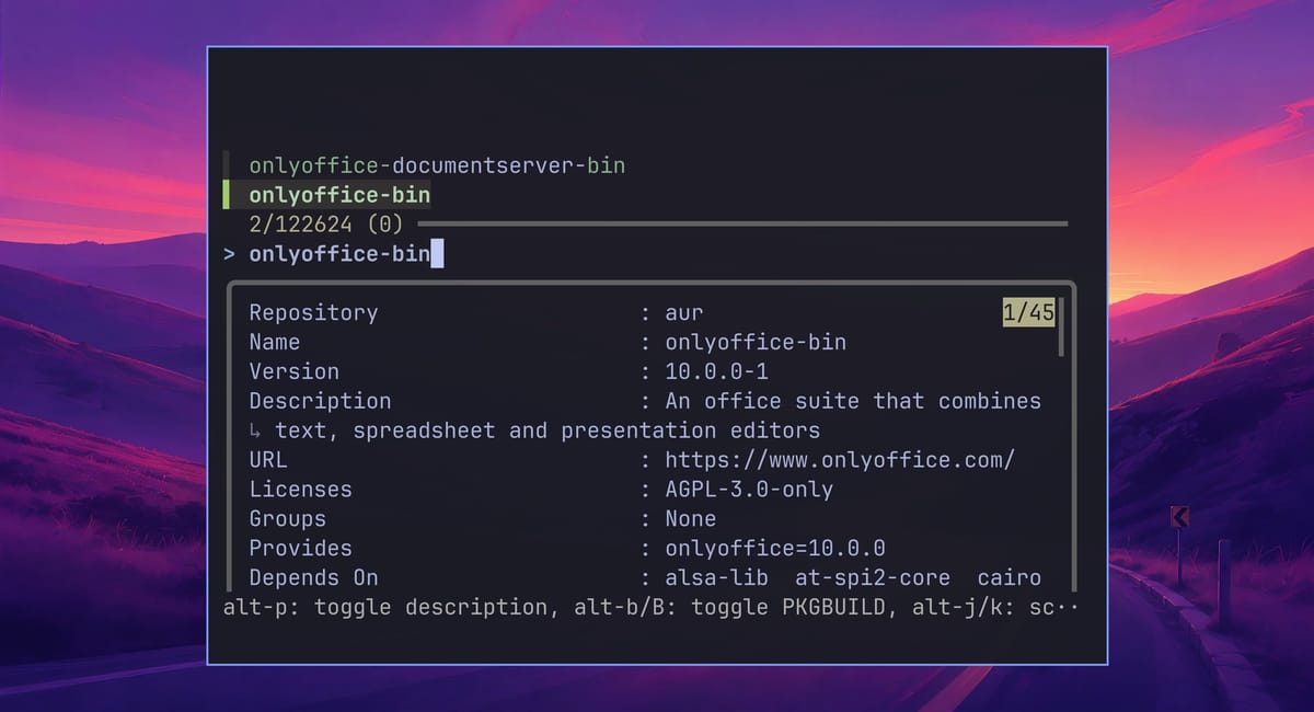 The Omarchy Install AUR menu filtered to onlyoffice-bin, with Repository aur, the version, description, and URL in the preview pane