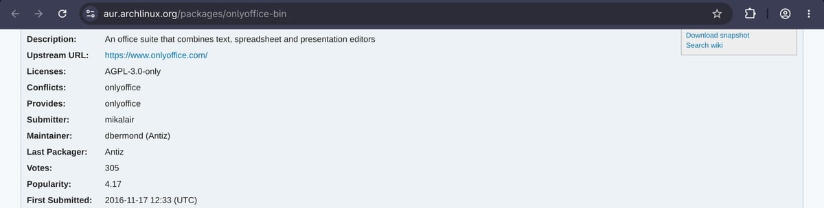 The onlyoffice-bin page on aur.archlinux.org with the upstream URL onlyoffice.com, maintainer dbermond with Antiz, 305 votes, and first submitted 2016-11-17