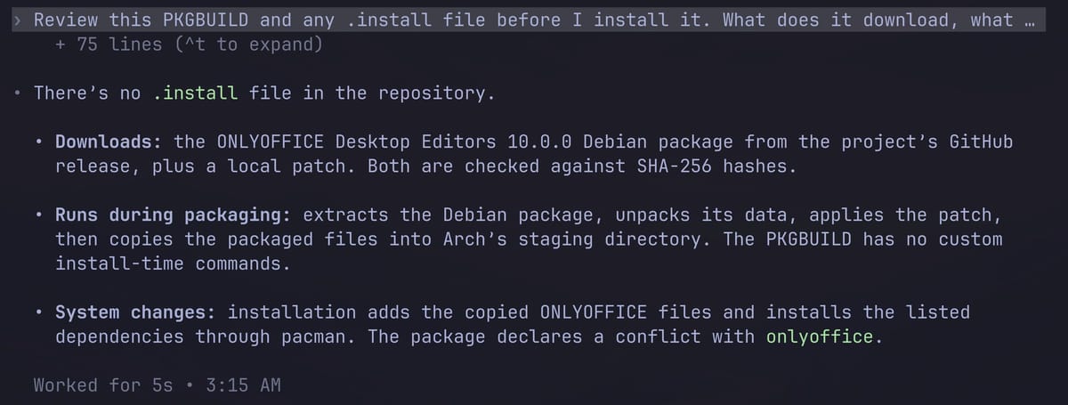 Codex in a terminal answering that there is no .install file, the package downloads the OnlyOffice Debian package and a local patch checked against SHA-256 hashes, and installs files and dependencies through pacman
