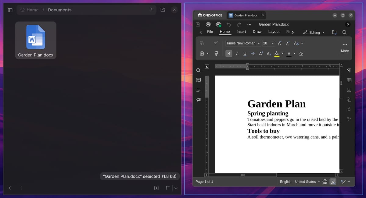 The Files app in the Documents folder next to ONLYOFFICE showing Garden Plan.docx with its headings