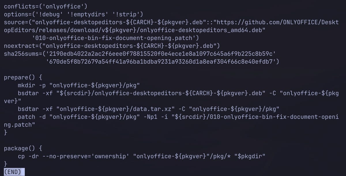 The end of the onlyoffice-bin PKGBUILD in less, with the GitHub source URL, the patch file, two sha256sums, and the prepare and package functions