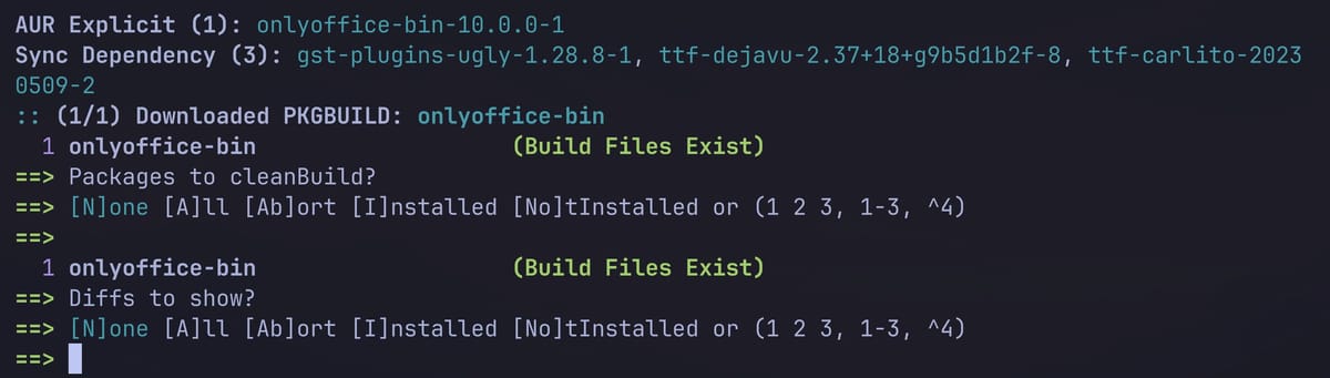 yay listing onlyoffice-bin and its three repo dependencies, then asking Packages to cleanBuild and Diffs to show