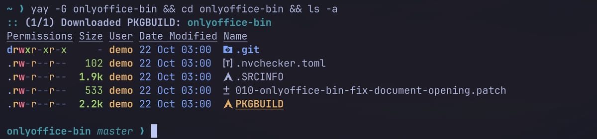 Terminal output of yay -G onlyoffice-bin and ls -a, listing .git, .nvchecker.toml, .SRCINFO, a patch file, and PKGBUILD