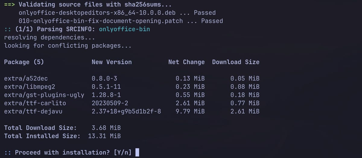 yay validating the OnlyOffice Debian package and the patch with sha256sums, both Passed, then pacman offering five packages from the extra repo
