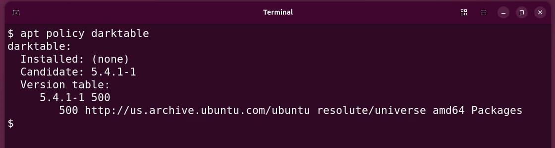 A terminal showing apt policy darktable on Ubuntu 26.04, with Candidate 5.4.1-1 from resolute/universe