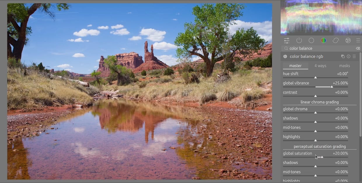 The color balance rgb module on the master tab with global vibrance at +25.00% and global saturation at +20.00%