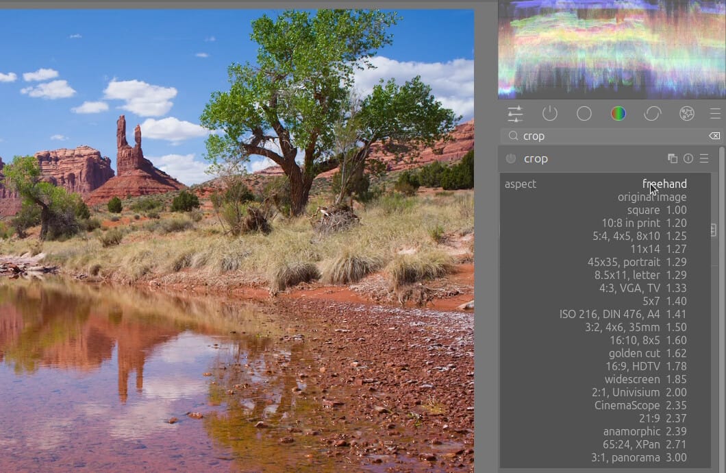 The crop module's aspect menu open, listing ratios from original image and square to 16:9 HDTV 1.78 and 3:1 panorama