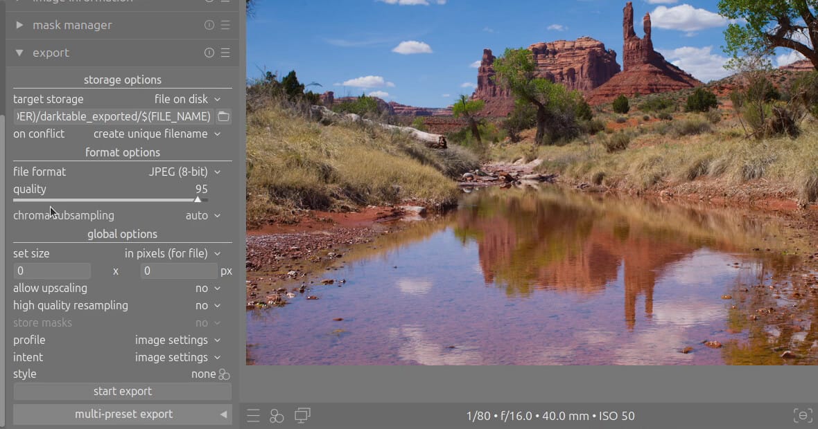 darktable's export module with target storage file on disk, a darktable_exported folder pattern, file format JPEG (8-bit), quality 95, and the start export button