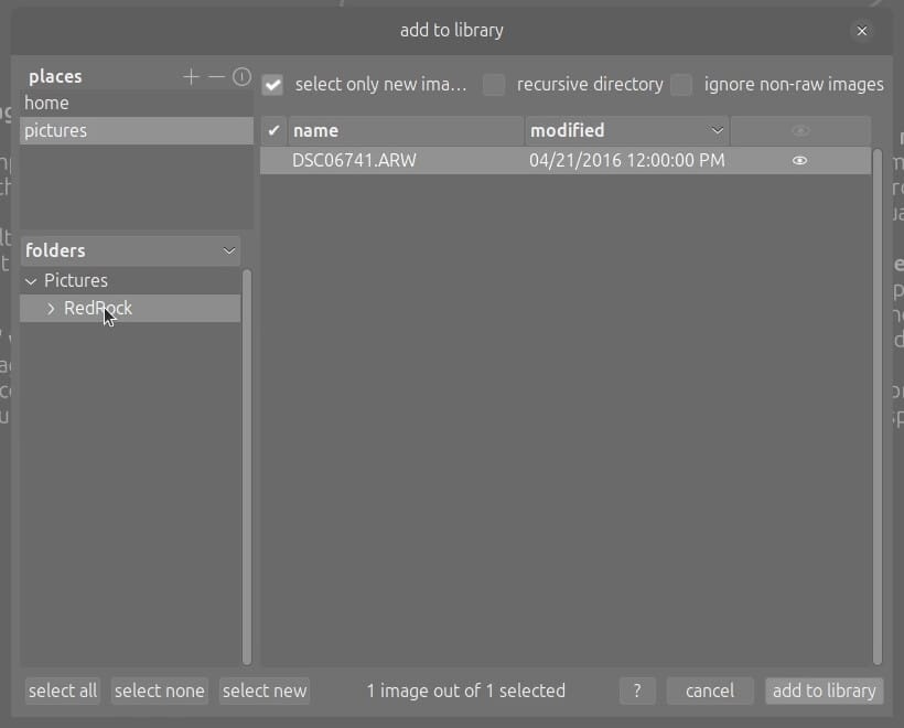 darktable's add to library dialog with the RedRock folder selected under Pictures, one ARW file in the list, and the add to library button