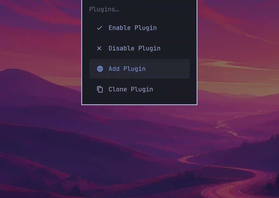 The Omarchy Plugins menu with Enable Plugin, Disable Plugin, Add Plugin, and Clone Plugin, with Add Plugin highlighted