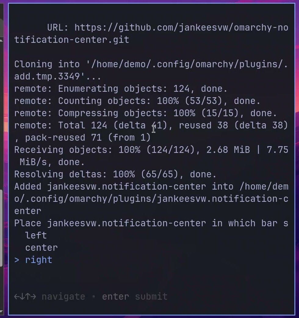 The terminal after cloning, asking which bar section to place jankeesvw.notification-center in, with left, center, and right, and right selected
