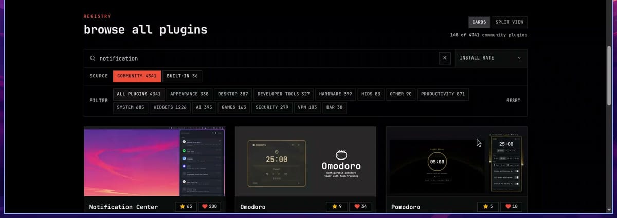 The Omarchy plugin marketplace catalog with notification in the search box, the sort set to Install rate, 148 of 4341 community plugins, and the Notification Center card first