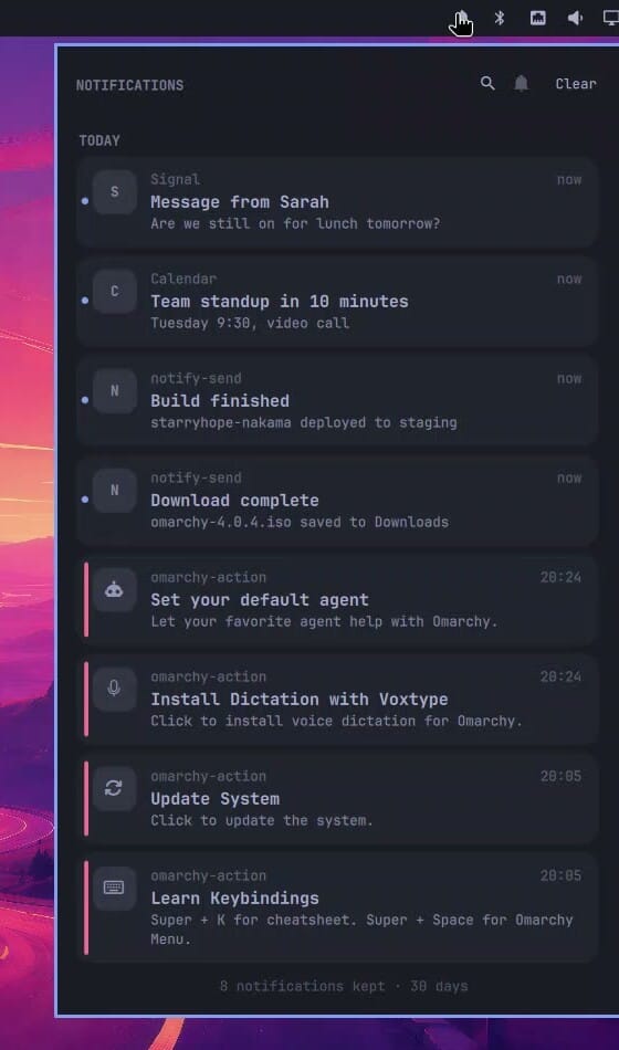 The Notification Center panel open on the right, listing the four test notifications, labeled Signal, Calendar, and notify-send, under Today, followed by older omarchy-action notices