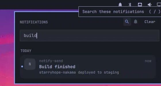 The Notification Center search box with build typed in, filtering the list down to the single Build finished notification