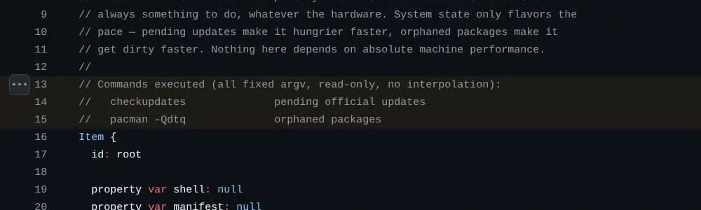 Omagotchi's Service.qml on GitHub with lines 13 to 15 highlighted, listing the only commands it runs: checkupdates and pacman -Qdtq