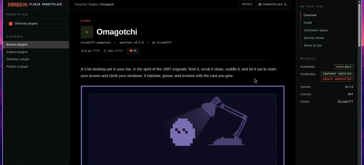 The Omagotchi plugin page on the Omarchy marketplace, with a Snapshot verified tag and a red Update unverified tag in the Verification row
