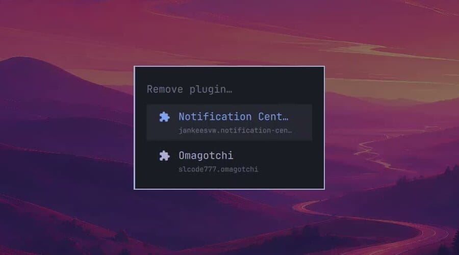 The Omarchy menu's Remove plugin list, showing Notification Center and Omagotchi with their plugin IDs