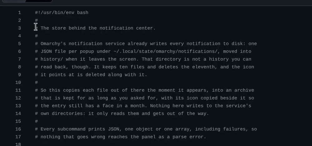 The header comments of the notification-center script on GitHub, explaining that it copies each notification file Omarchy writes into its own archive and only reads Omarchy's files