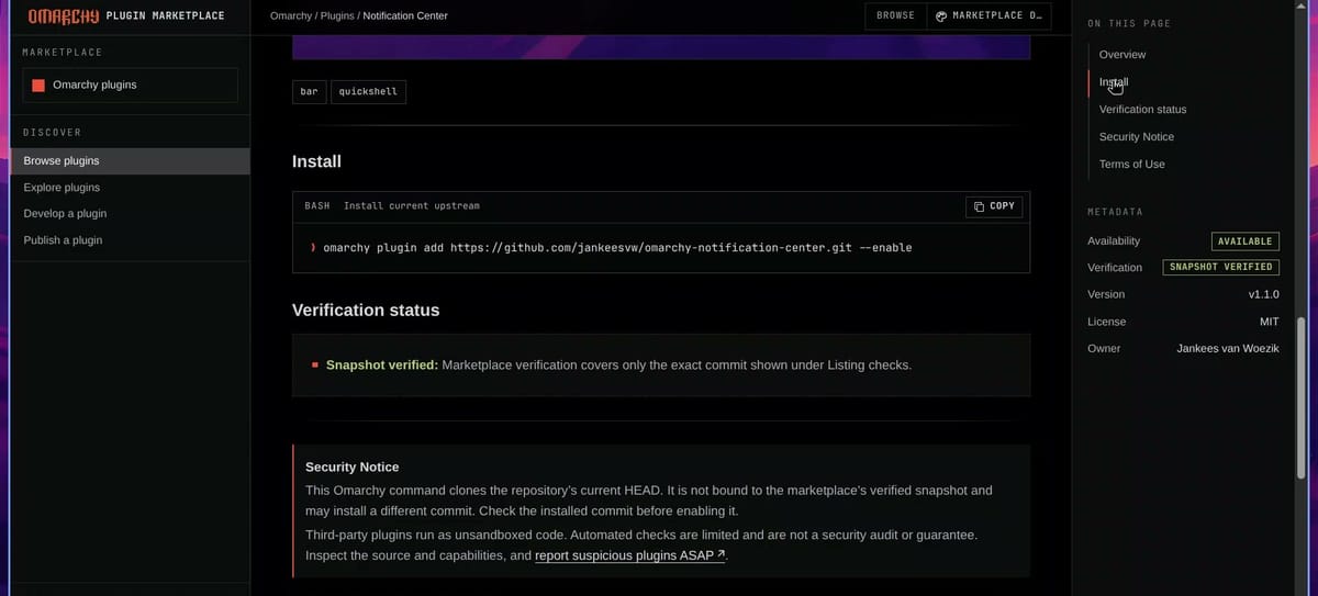 The Notification Center plugin page with the install command, a Snapshot verified status, and the Security Notice explaining that the command clones the repository's current HEAD