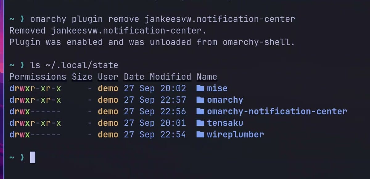 A terminal after removing Notification Center, where ls of the .local/state folder still lists the omarchy-notification-center directory