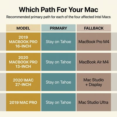 Infographic mapping each of the four Intel Macs (2019 MacBook Pro 16-inch, 2020 MacBook Pro 13-inch 4-port, 2020 iMac 27-inch, 2019 Mac Pro) to a recommended primary path and a fallback option