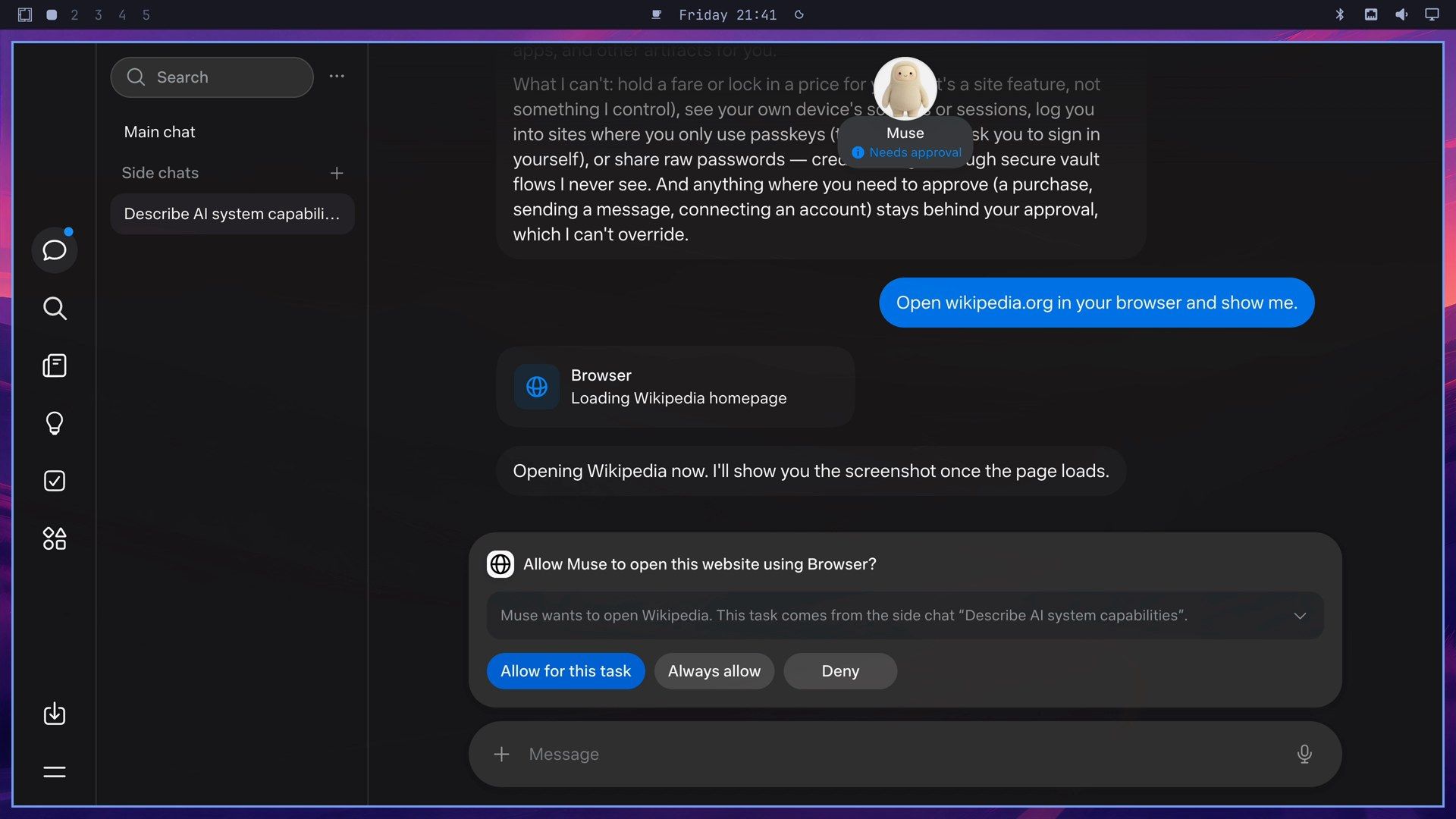 A Muse chat with the approval card Allow Muse to open this website using Browser, saying Muse wants to open Wikipedia, with Allow for this task, Always allow, and Deny buttons