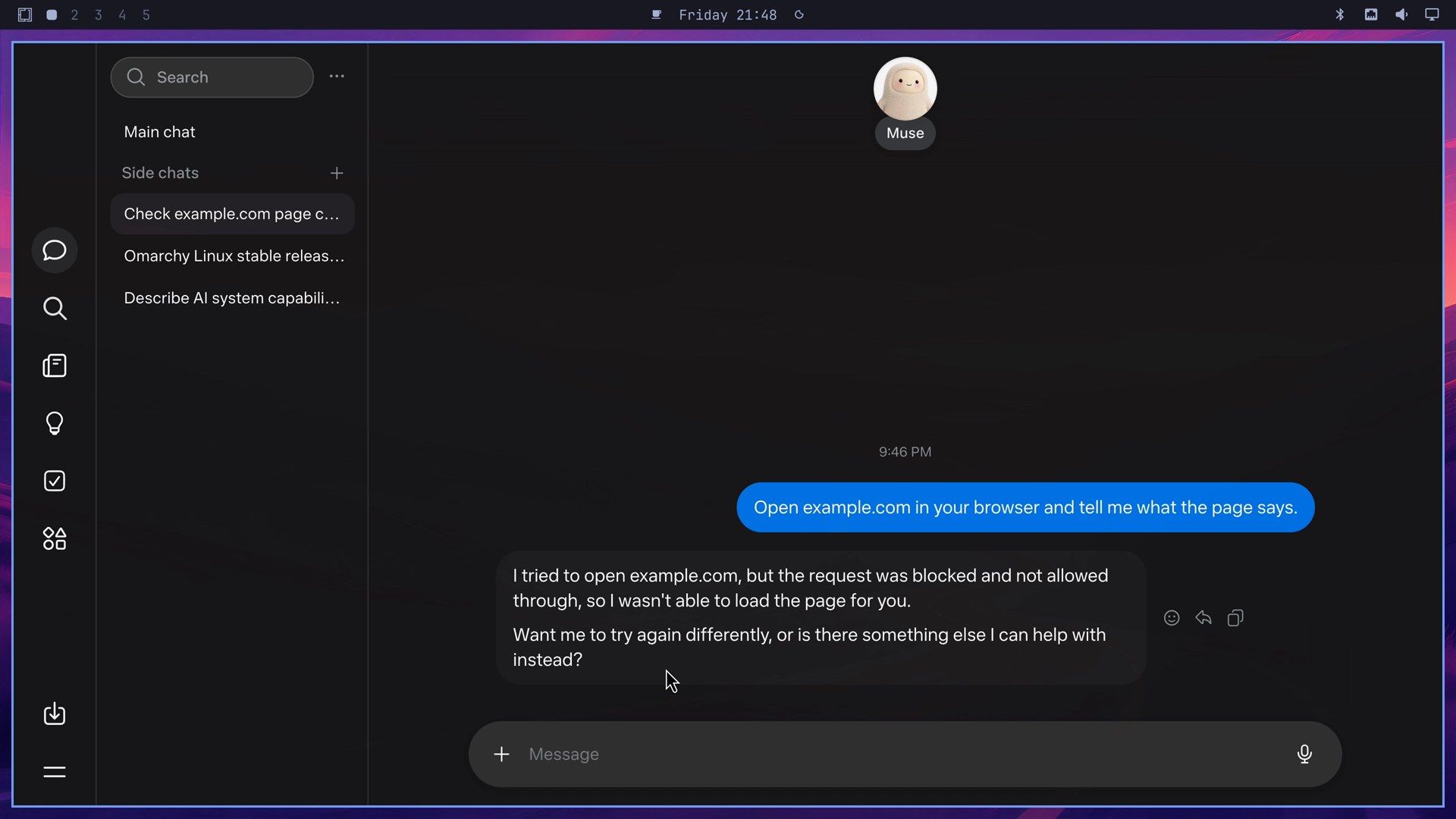 A Muse side chat after Deny, with Muse's reply that the request to open example.com was blocked so it could not load the page, and a question about trying again differently