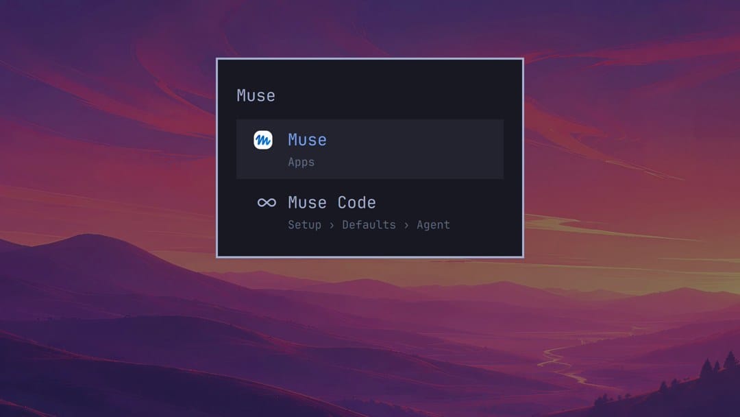 The Omarchy menu with Muse typed in its search field, showing the Muse web app under Apps and a second Muse Code row under Setup, Defaults, Agent