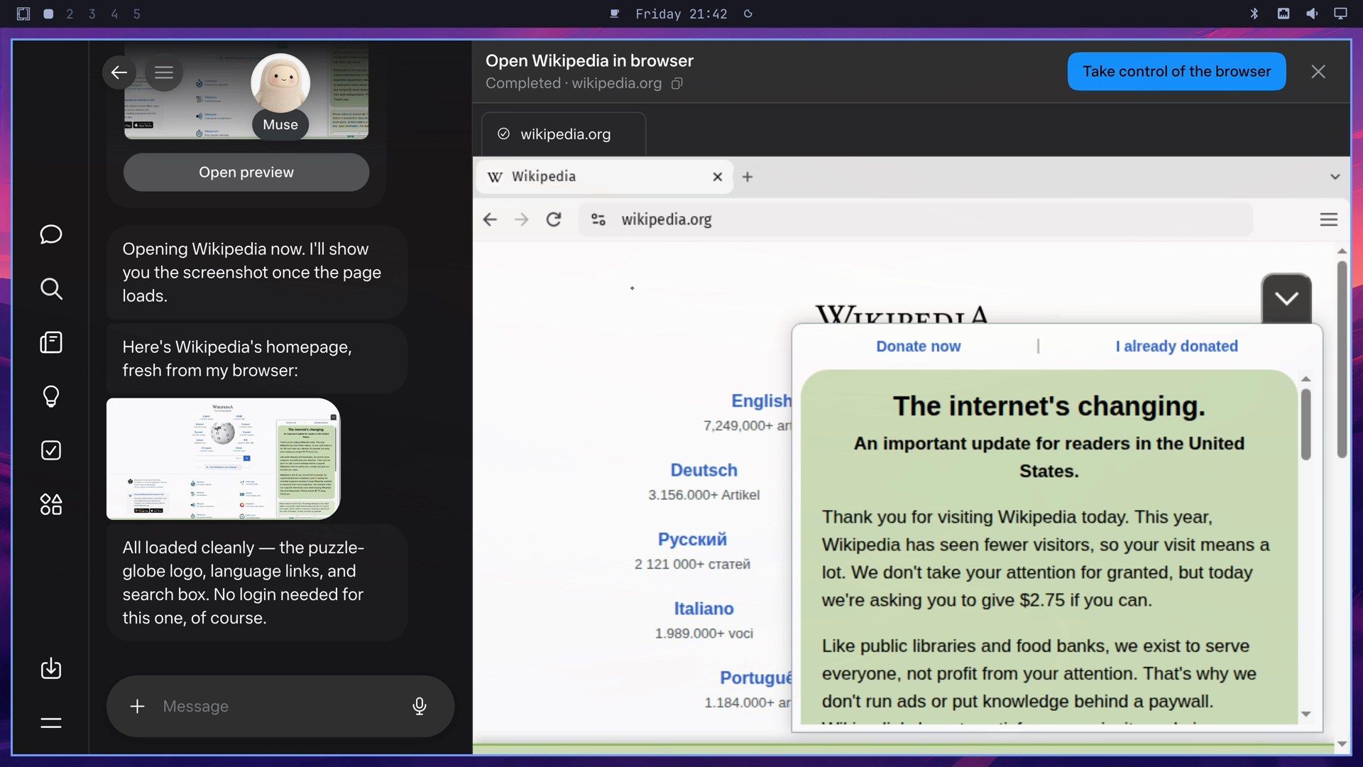The Muse window with the chat on the left and a panel on the right titled Open Wikipedia in browser, Completed, showing Muse's own Chromium on wikipedia.org and a Take control of the browser button