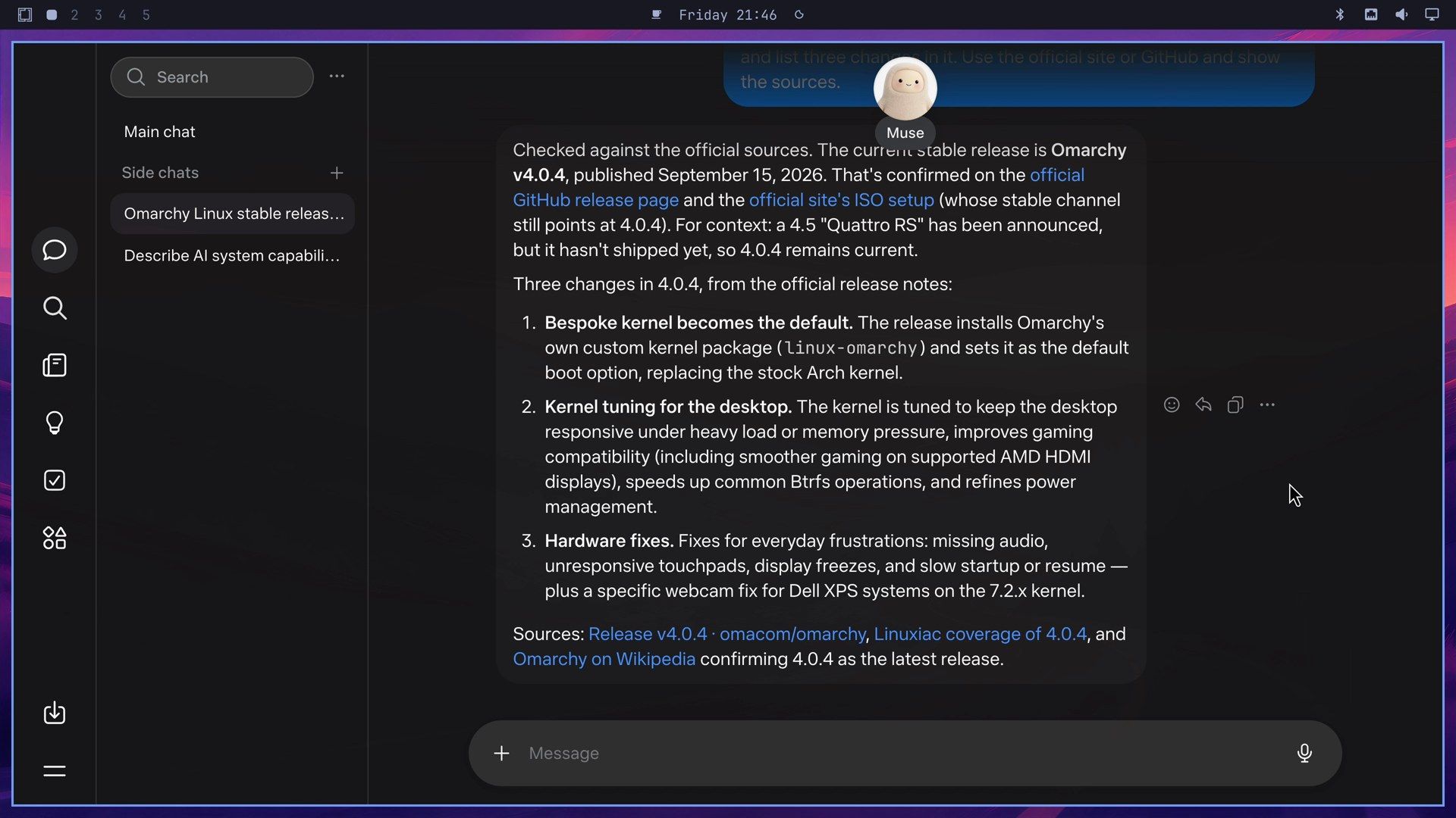 Muse's answer naming Omarchy v4.0.4, published September 15, 2026, with three numbered changes and source links to the GitHub release, Linuxiac, and Wikipedia