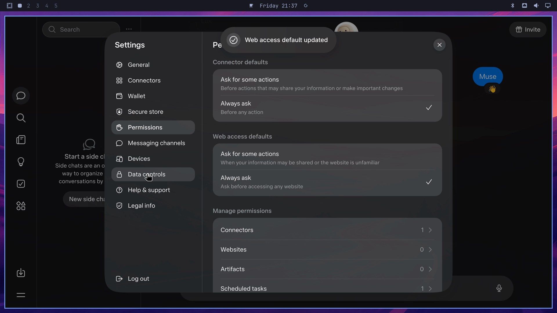 Muse Settings on the Permissions page, with Always ask ticked under both Connector defaults and Web access defaults and a Web access default updated message at the top