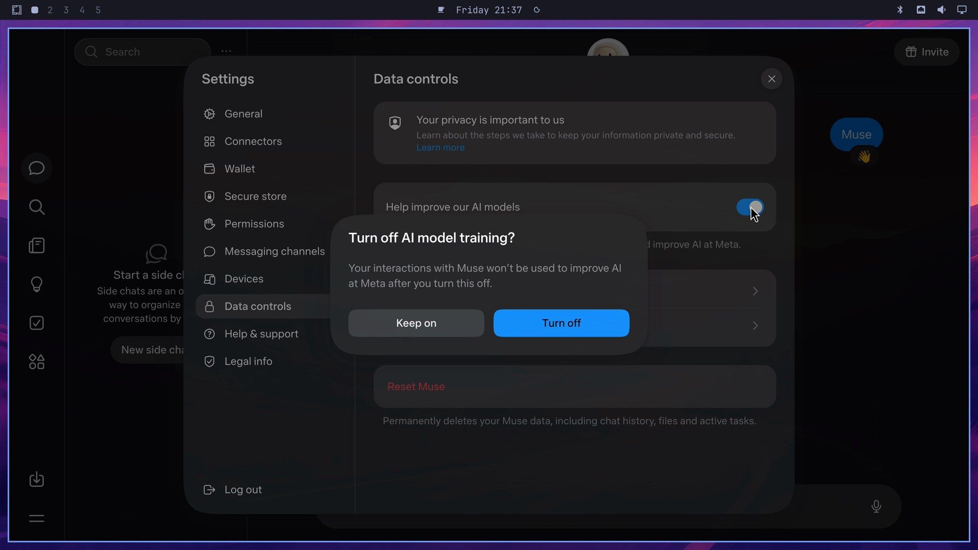 Muse Data controls with the Turn off AI model training dialog open over the Help improve our AI models switch, with Keep on and Turn off buttons