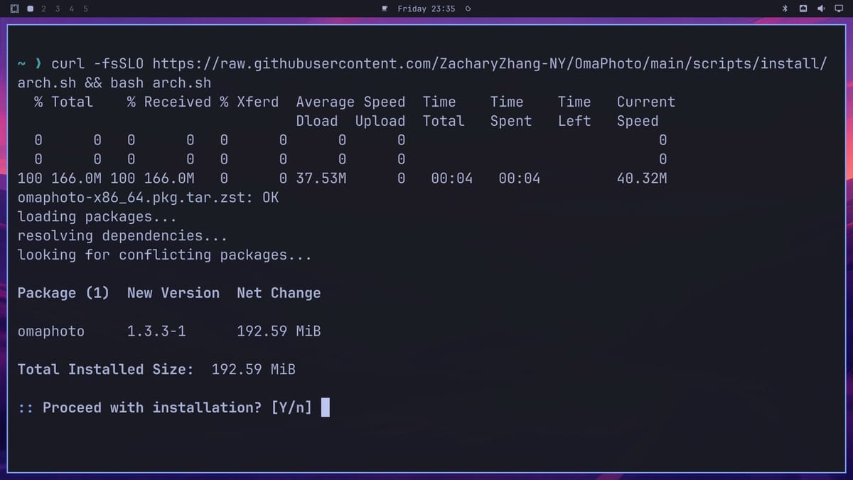 Terminal after the OmaPhoto install script, showing the checksum line omaphoto-x86_64.pkg.tar.zst OK, the package table with omaphoto 1.3.3-1 at 192.59 MiB, and the Proceed with installation prompt