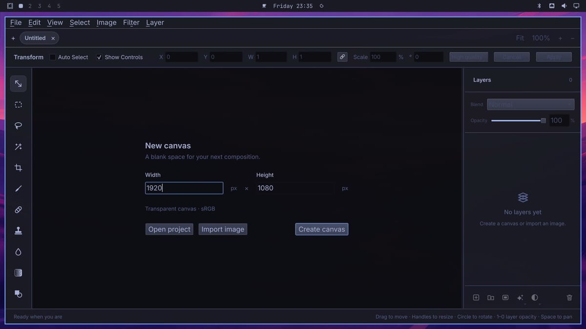 OmaPhoto's first window in the Tokyo Night theme, with a New canvas panel offering Open project, Import image, and Create canvas, the tool bar on the left, and an empty Layers panel on the right