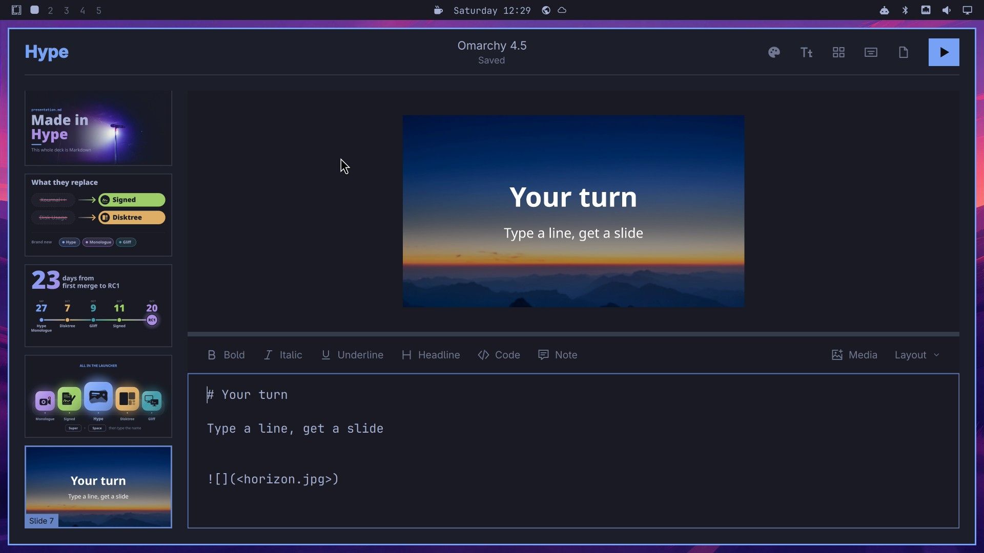 Hype with a new slide that reads Your turn over a dusk sky photo, and the slide's three lines of Markdown in the editor below
