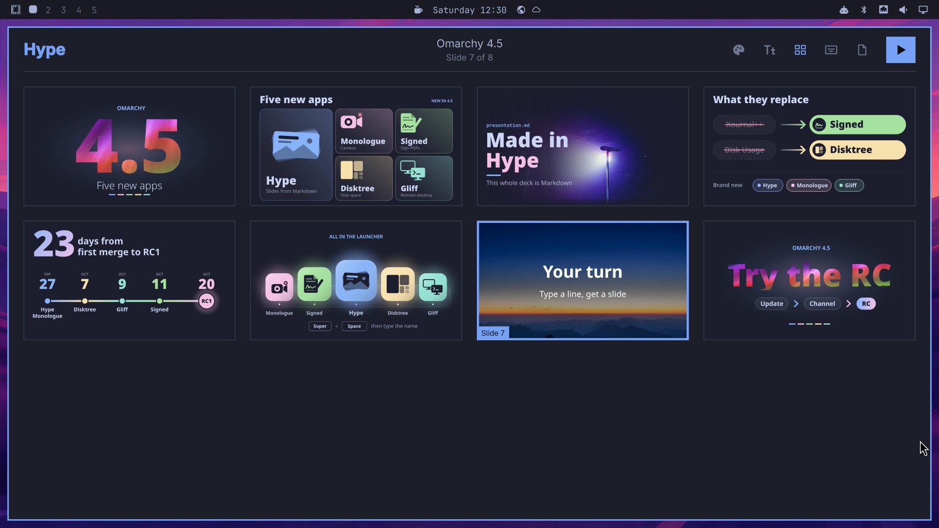 The Hype Overview grid showing eight slides of a deck about Omarchy 4.5 in the Catppuccin theme