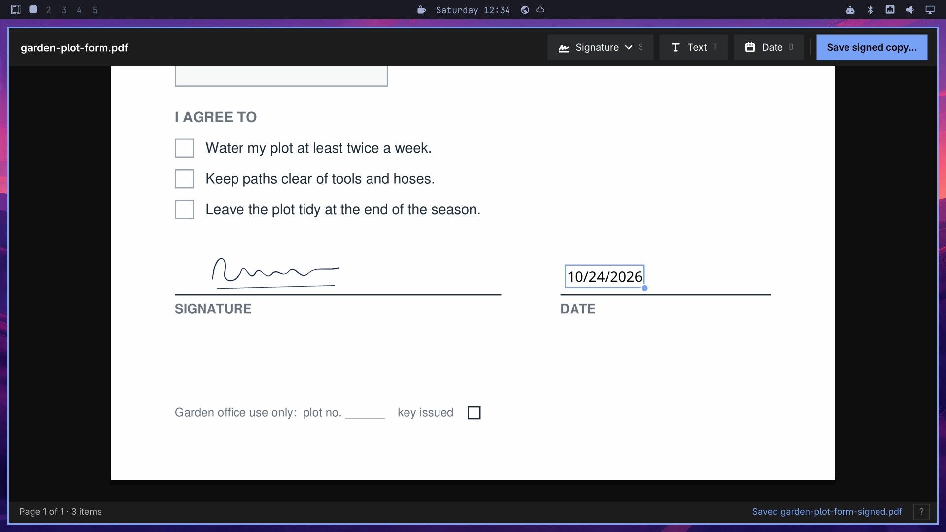 A signed garden plot form in Signed with the signature on the signature line, the date 10/24/2026 on the date line, and Saved garden-plot-form-signed.pdf in the status bar