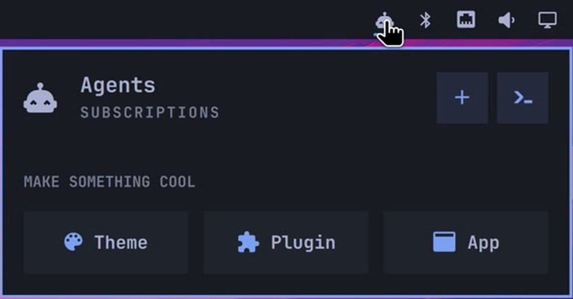 The Omarchy agents panel under the robot icon in the top bar, with the Make Something Cool row and its Theme, Plugin, and App buttons