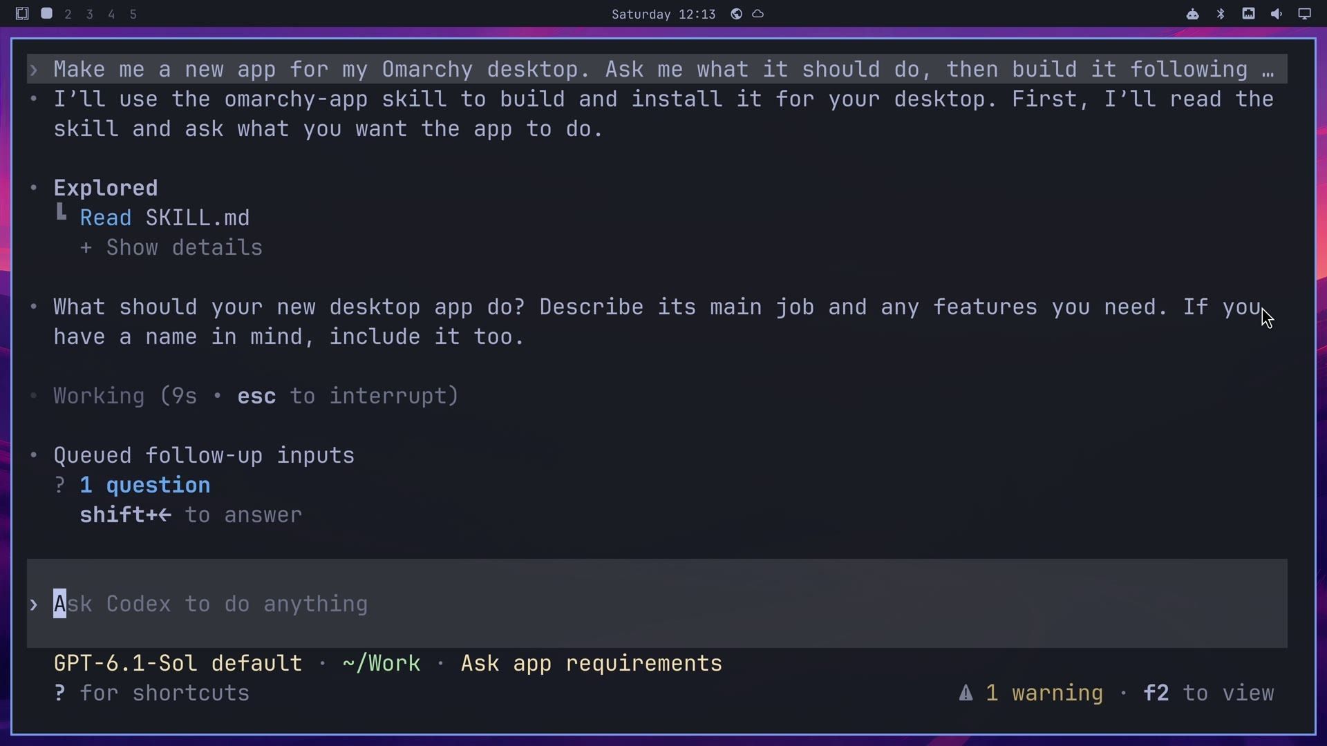 Codex in a terminal window after the App button's request, asking what the new desktop app should do, the features you need, and a name