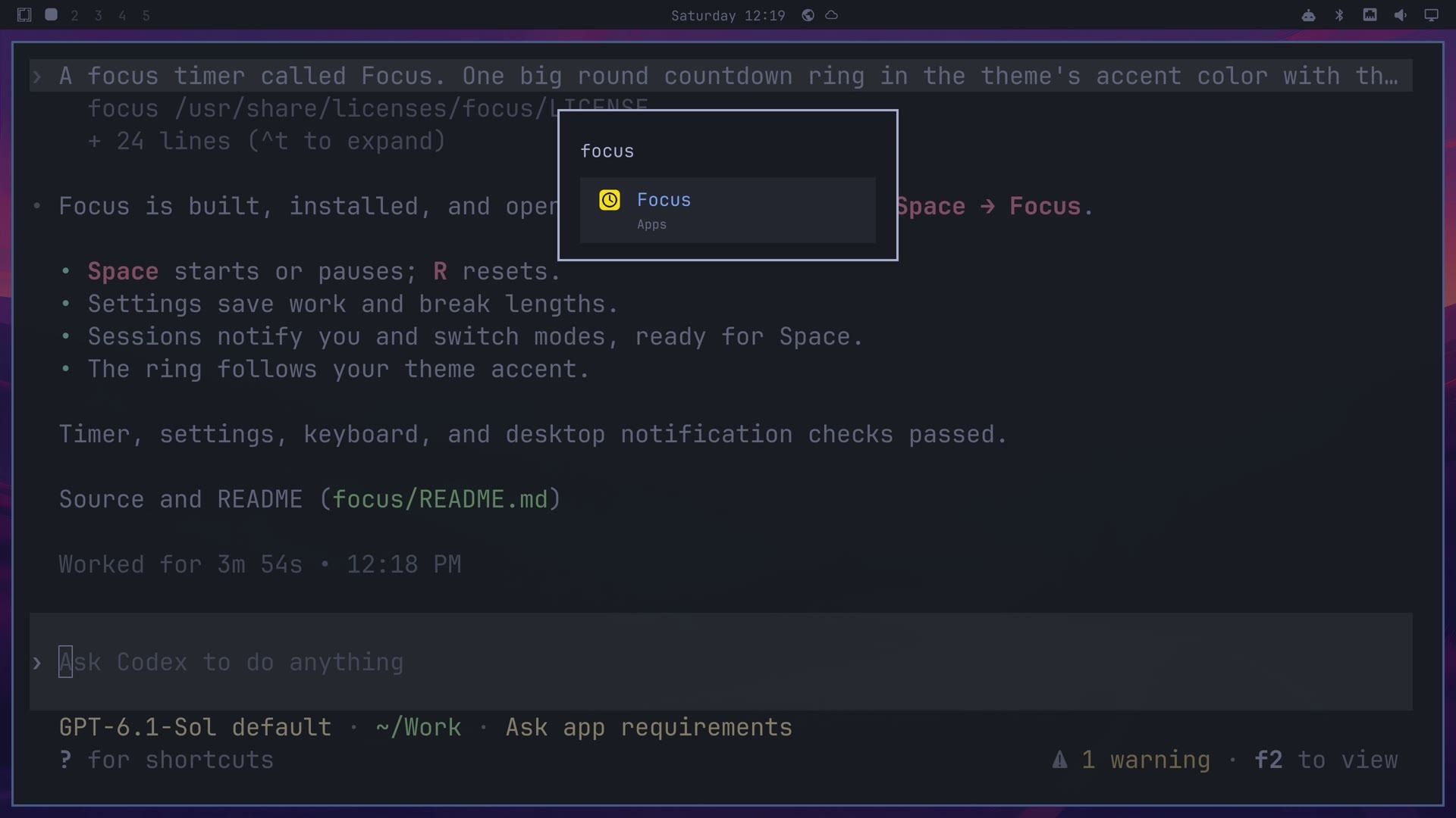 The Omarchy menu search showing Focus under Apps with a yellow clock icon, over Codex's summary that ends with Worked for 3m 54s