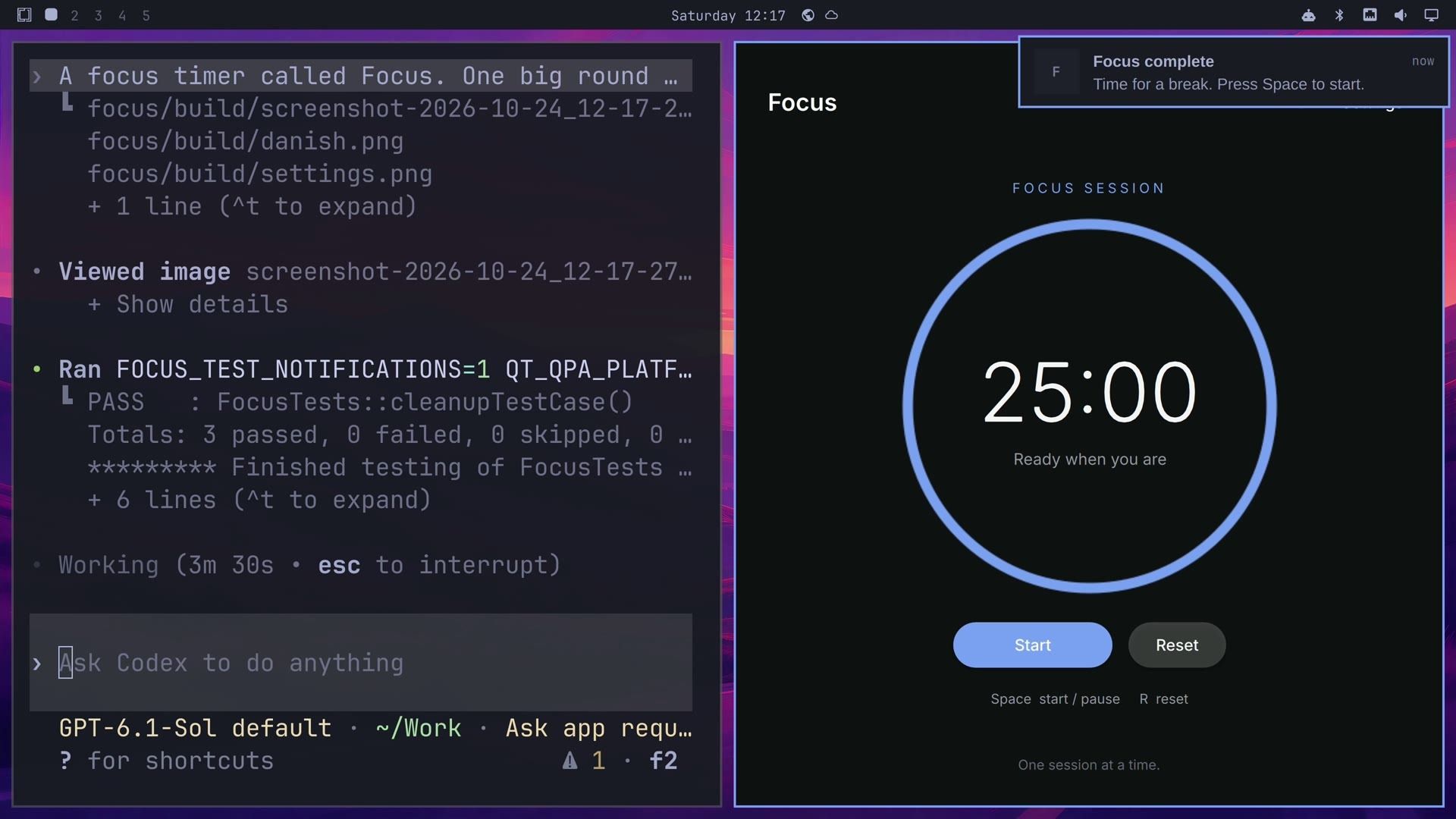 Codex test output on the left and the new Focus timer at 25:00 on the right, with a Focus complete notification at the top right of the screen
