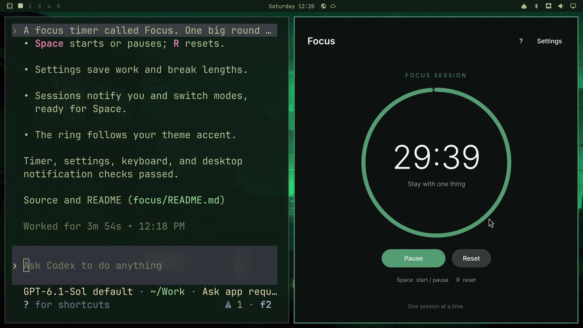 Focus counting down at 29:39 with a green ring and Pause button after a switch to the Osaka Jade theme
