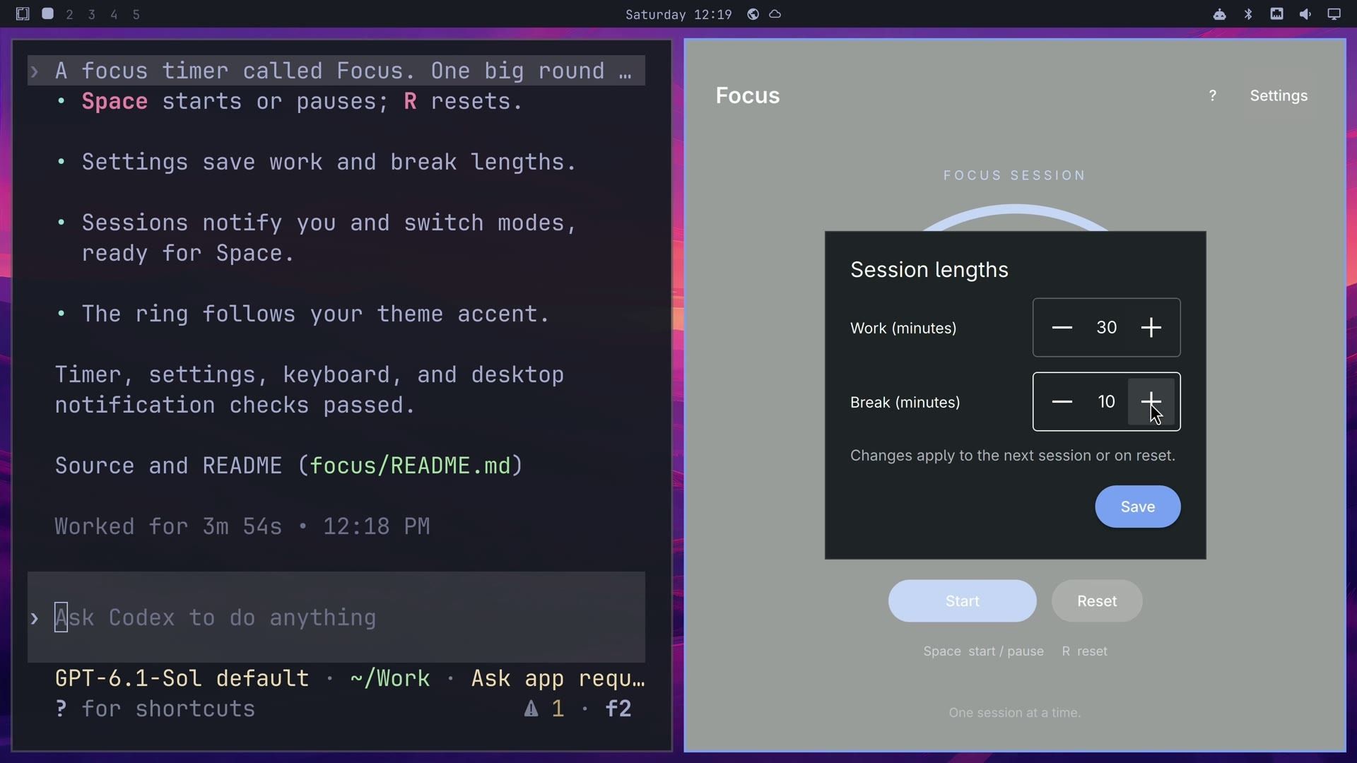 The Focus Session lengths panel with work set to 30 minutes and break set to 10, over a light gray layer, next to Codex's summary
